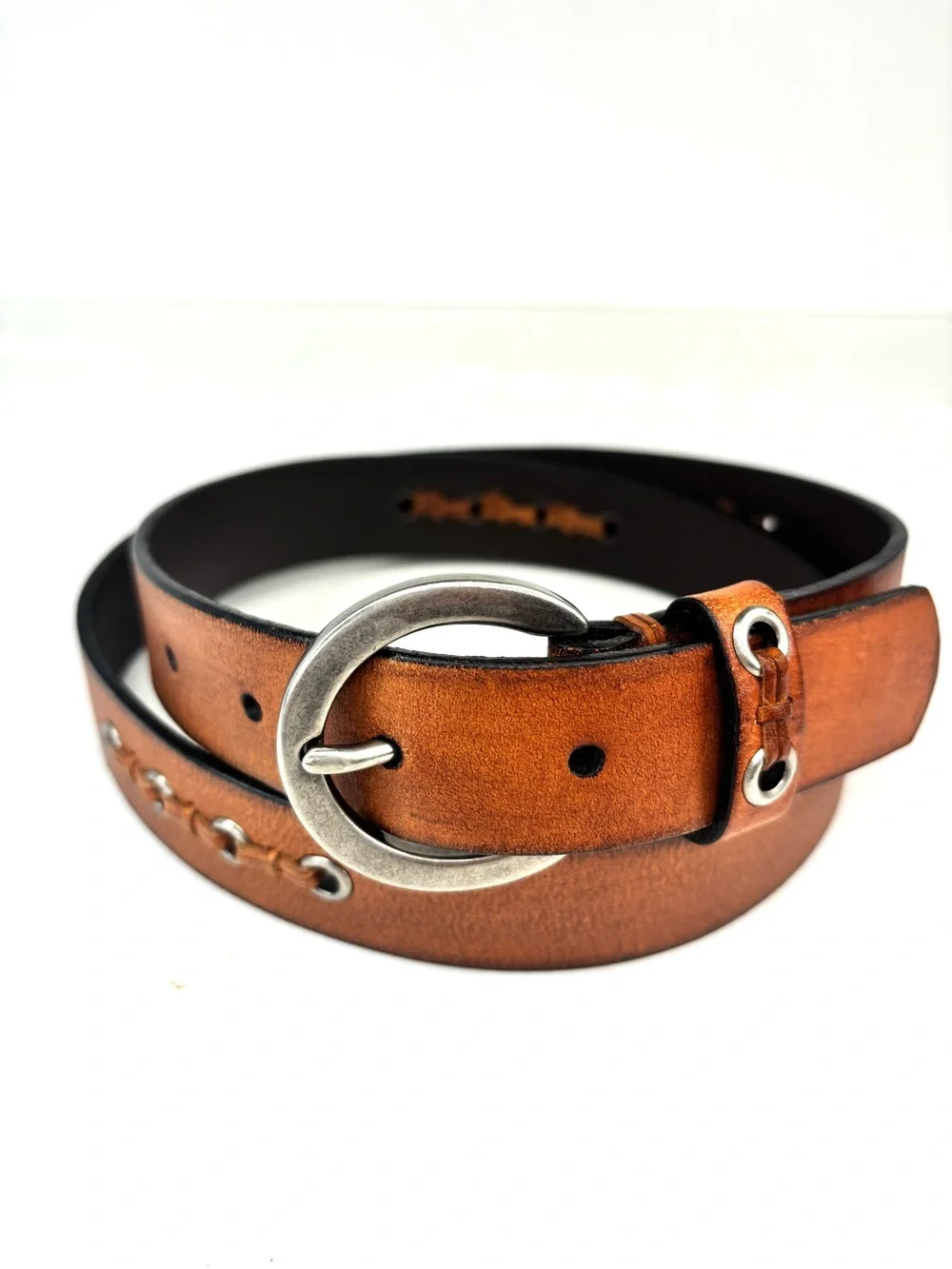 ROLFS Rustic Tan‎ Woven Leather Boho Western Belt Silver Grommets Ring Buckle LG